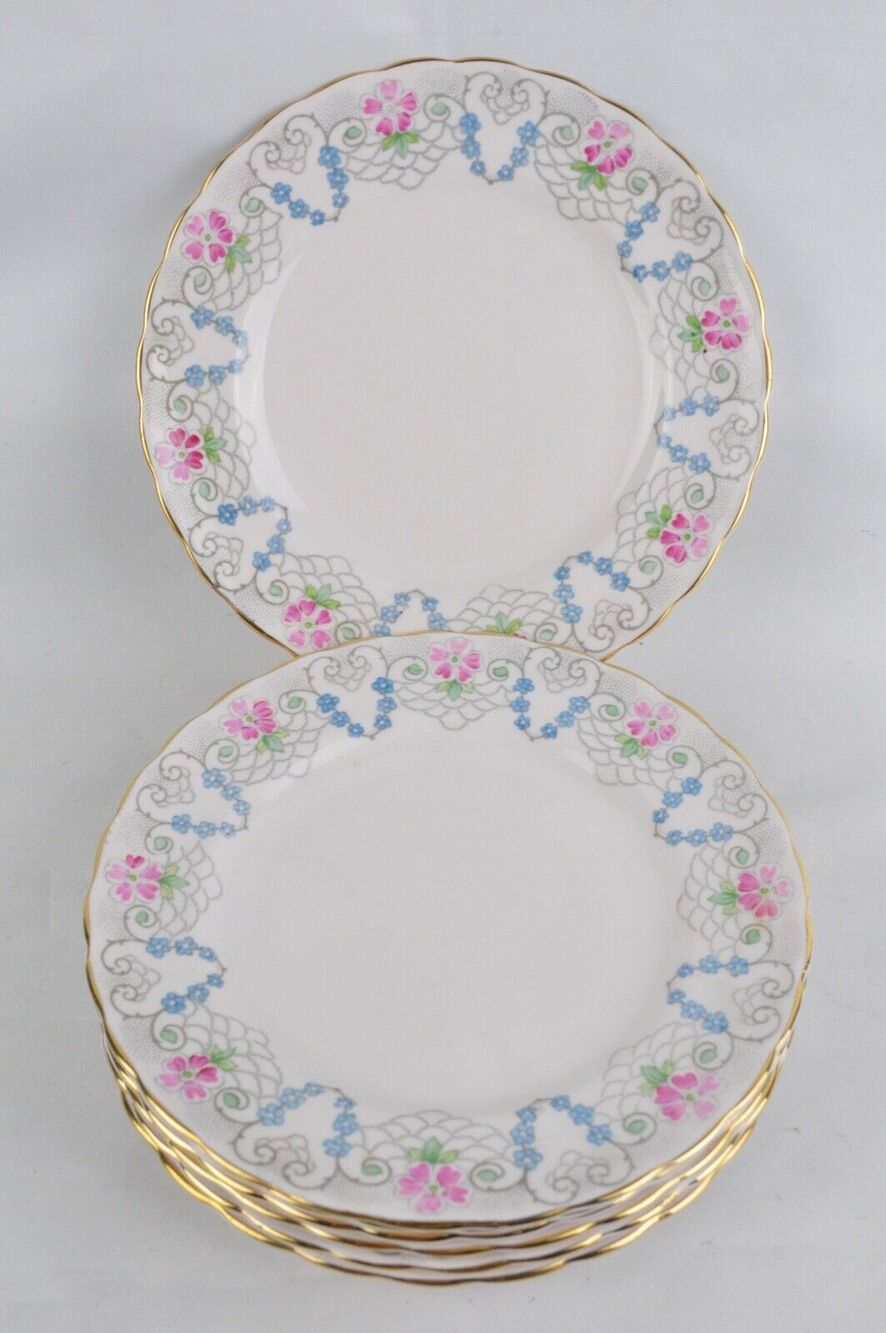 Vintage Tuscan Bone China Salad Plates 8in Set 7 Floral Gold Trim Scalloped